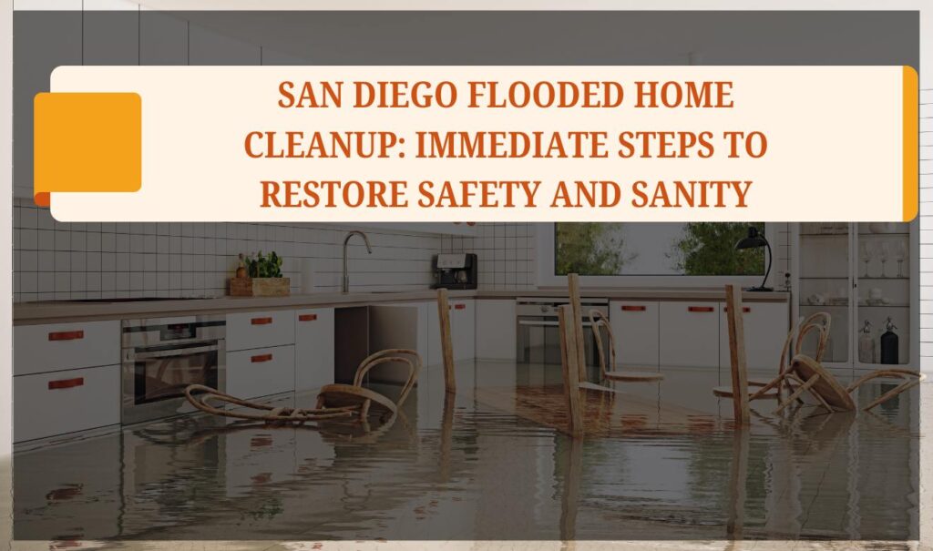 Homeowner using a wet vacuum during San Diego flooded home cleanup.